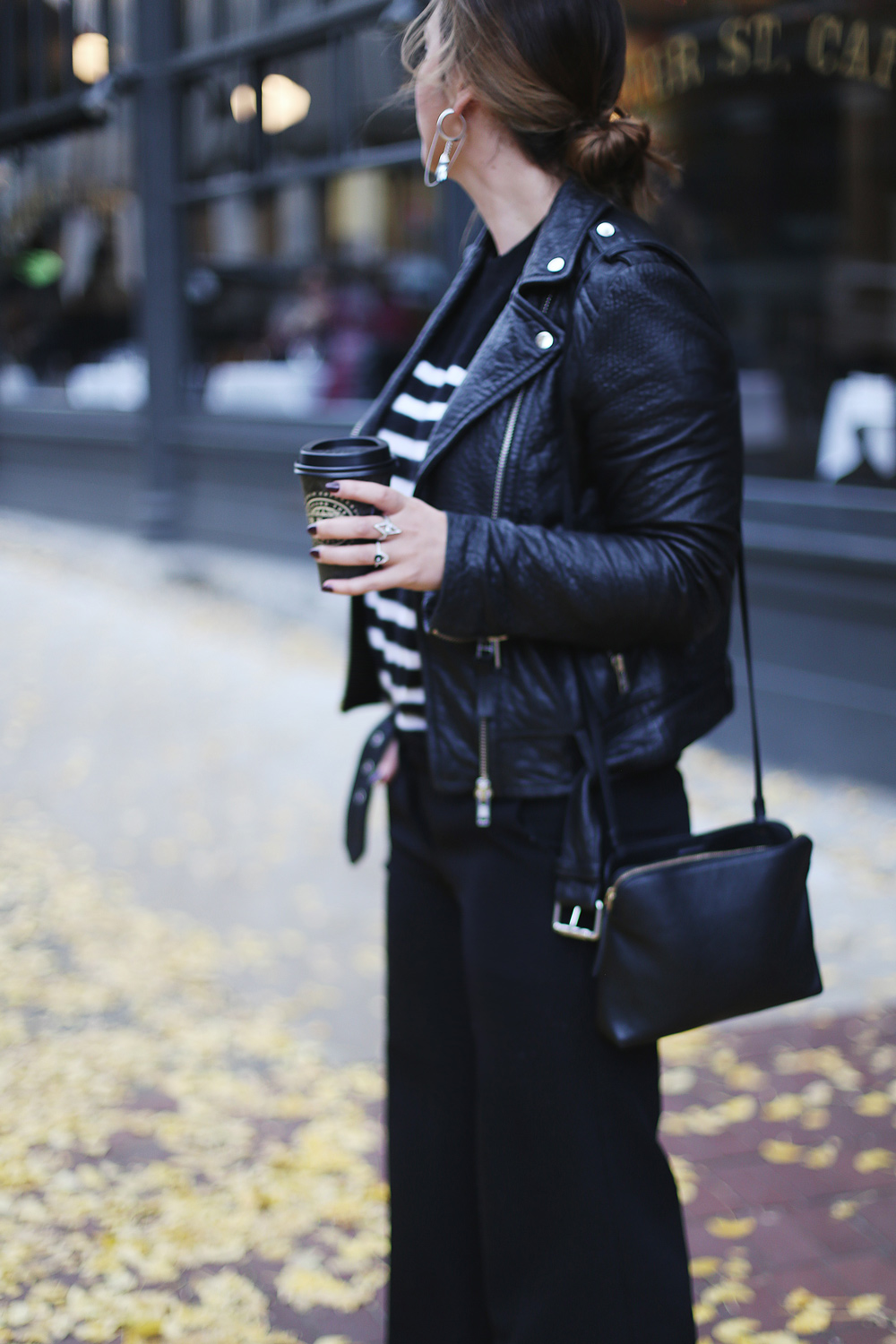 Style tips on how to wear culottes outfit idea by To Vogue or Bust in Express culottes, White + Warren cashmere striped sweater, Swarovski jewelry, Express heels, Aritzia leather bag