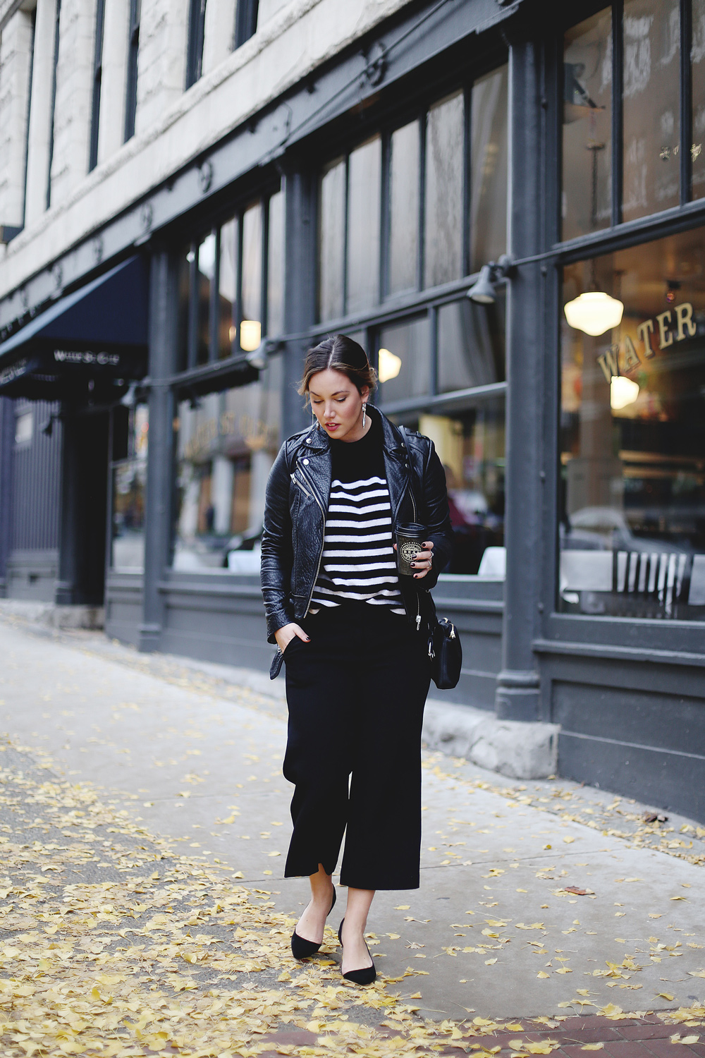 Style tips on how to wear culottes outfit idea by To Vogue or Bust in Express culottes, White + Warren cashmere striped sweater, Swarovski jewelry, Express heels, Aritzia leather bag