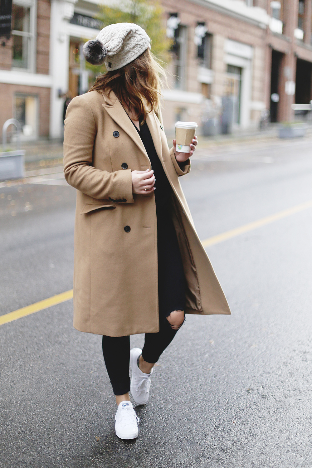 To Vogue or Bust shares ways to style your converse sneakers in white Converse All Stars, Aritzia camel coat, James Jeans black skinny jeans, Aritzia black leather bag and a Tilley Hats beanie