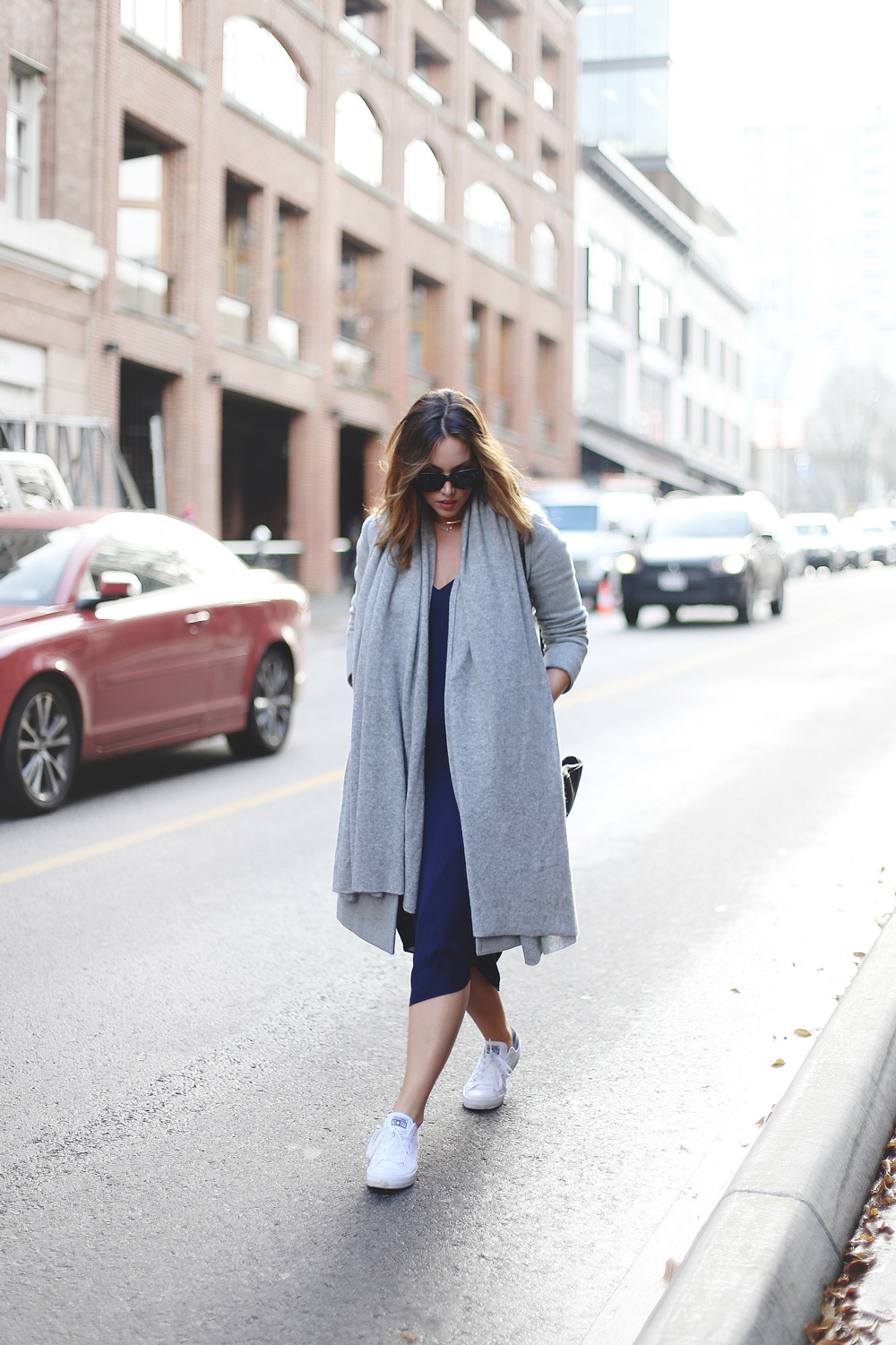 How to wear Converse sneakers with a dress in an Aritzia dress, White + Warren cashmere travel wrap, Converse white sneakers, Celine sunglasses styled by To Vogue or Bust