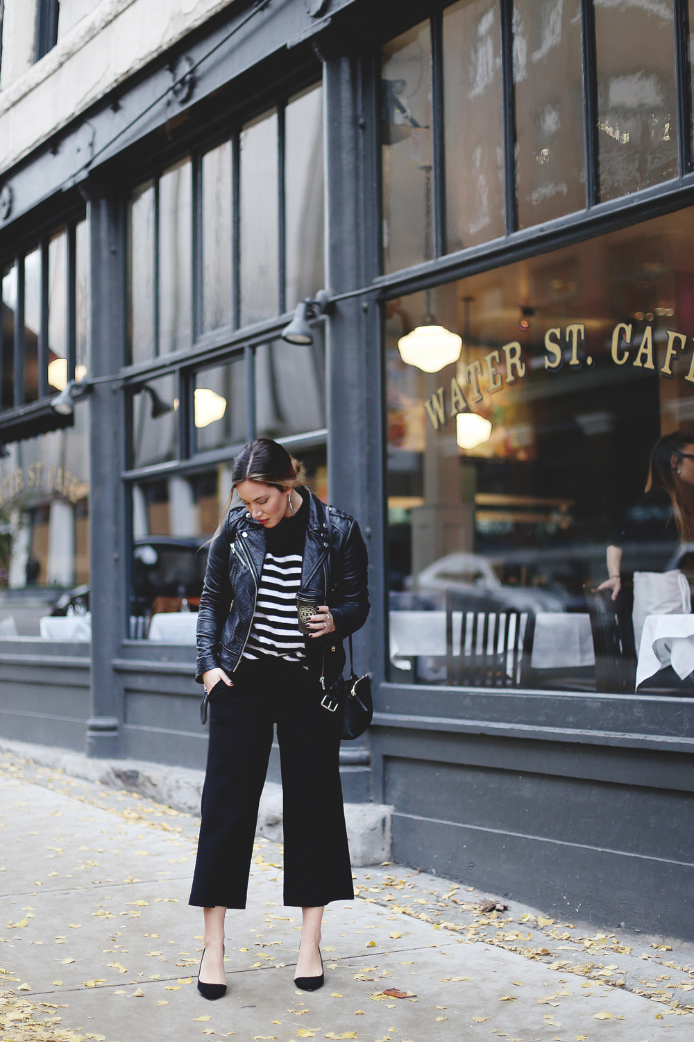 Style tips on how to wear culottes outfit idea by To Vogue or Bust in Express culottes, White + Warren cashmere striped sweater, Swarovski jewelry, Express heels, Aritzia leather bag