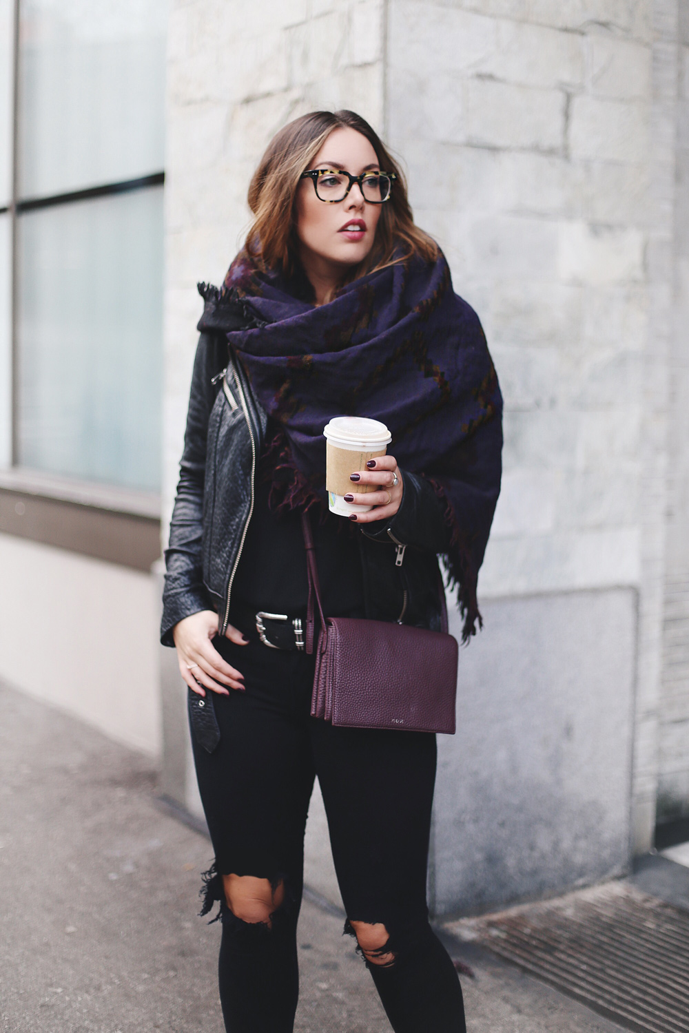 Tips to wear a blanket scarf on To Vogue or Bust in an Aritzia aztec print blanket scarf, James Jeans skinny jeans, Mackage leather jacket, Bailey nelson leather jacket, Aritzia leather bag, Frye ankle boots