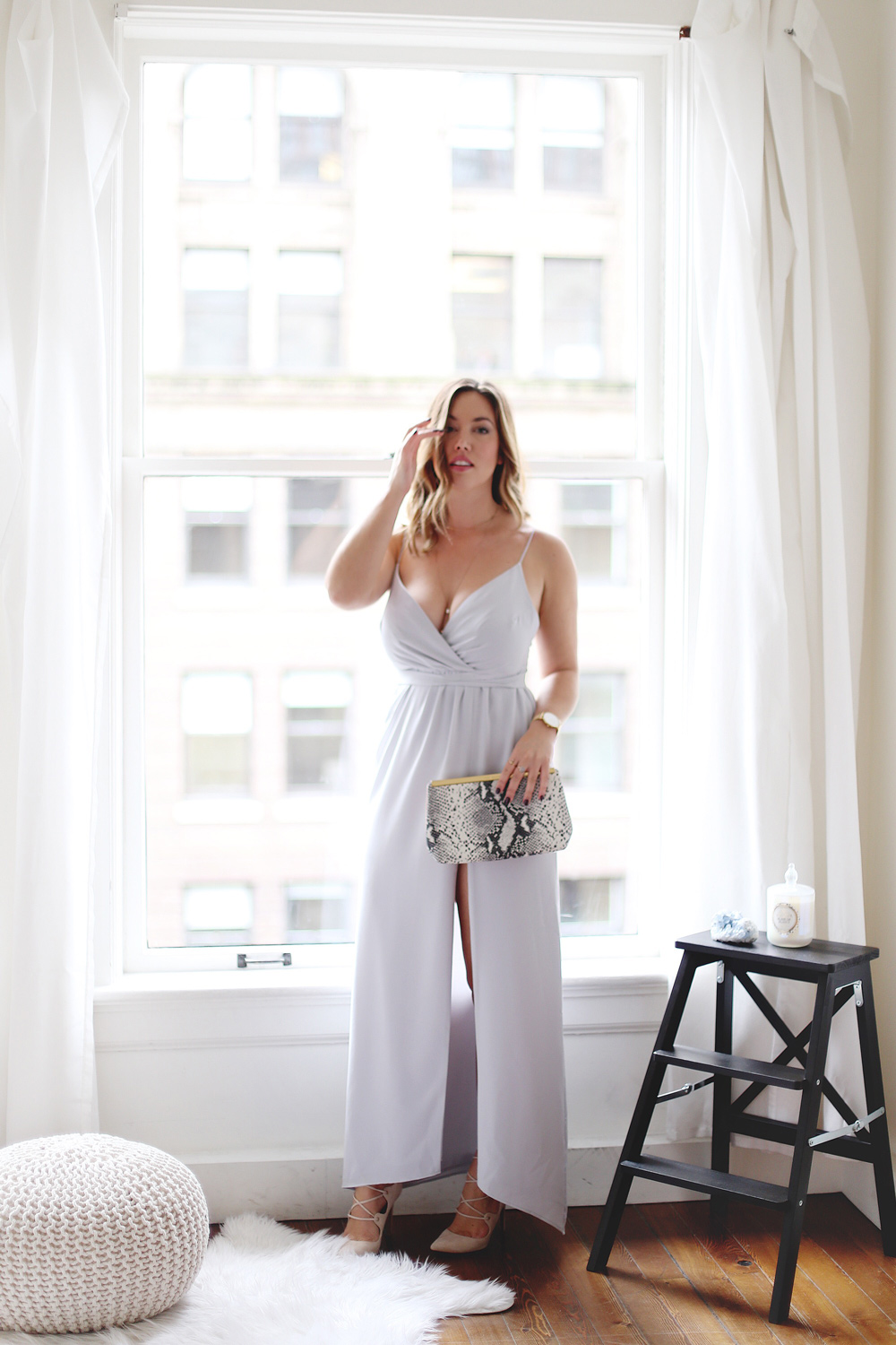 What to wear to a holiday party in Park & Fifth silk maxi dress, Raye blush heels and Ted Baker snakeskin clutch