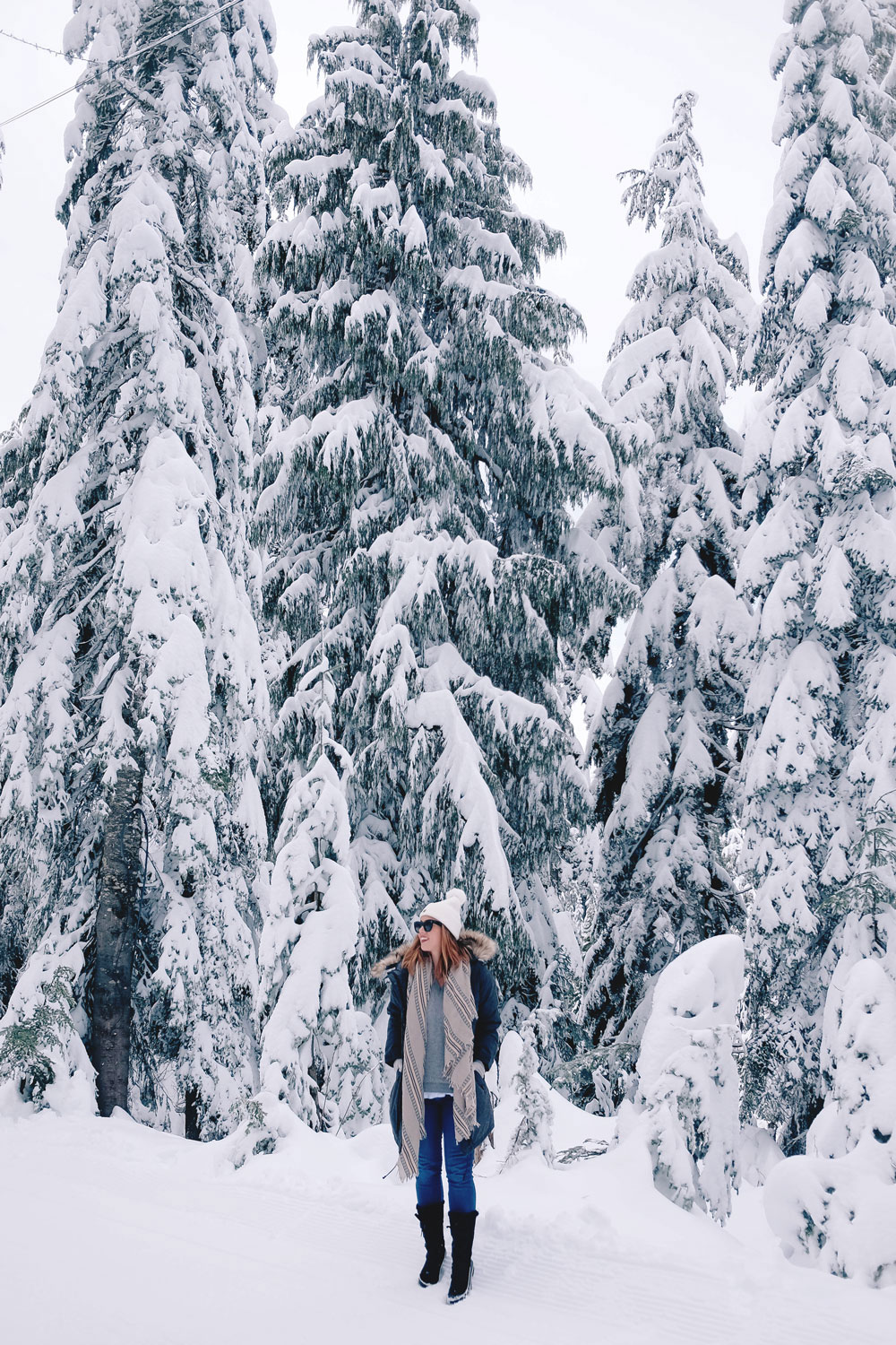 Best winter outfit ideas in the snow in Aritzia Community parka, James jeans skinny jeans, White and Warren cashmere sweater, Aritzia blanket scarf, Hershel beanie, Sorel snow boots styled by To Vogue or Bust at Grouse Mountain, Vancouver