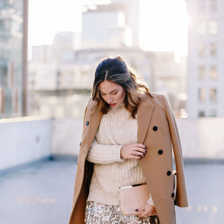 Holiday style tips in a Free People sequin dress, Sanctuary knit sweater, Raye lace up heels, Aritzia camel wool coat and Ted Baker blush clutch styled by To Vogue or Bust