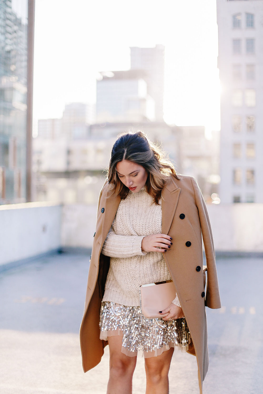 Holiday style tips in a Free People sequin dress, Sanctuary knit sweater, Raye lace up heels, Aritzia camel wool coat and Ted Baker blush clutch styled by To Vogue or Bust