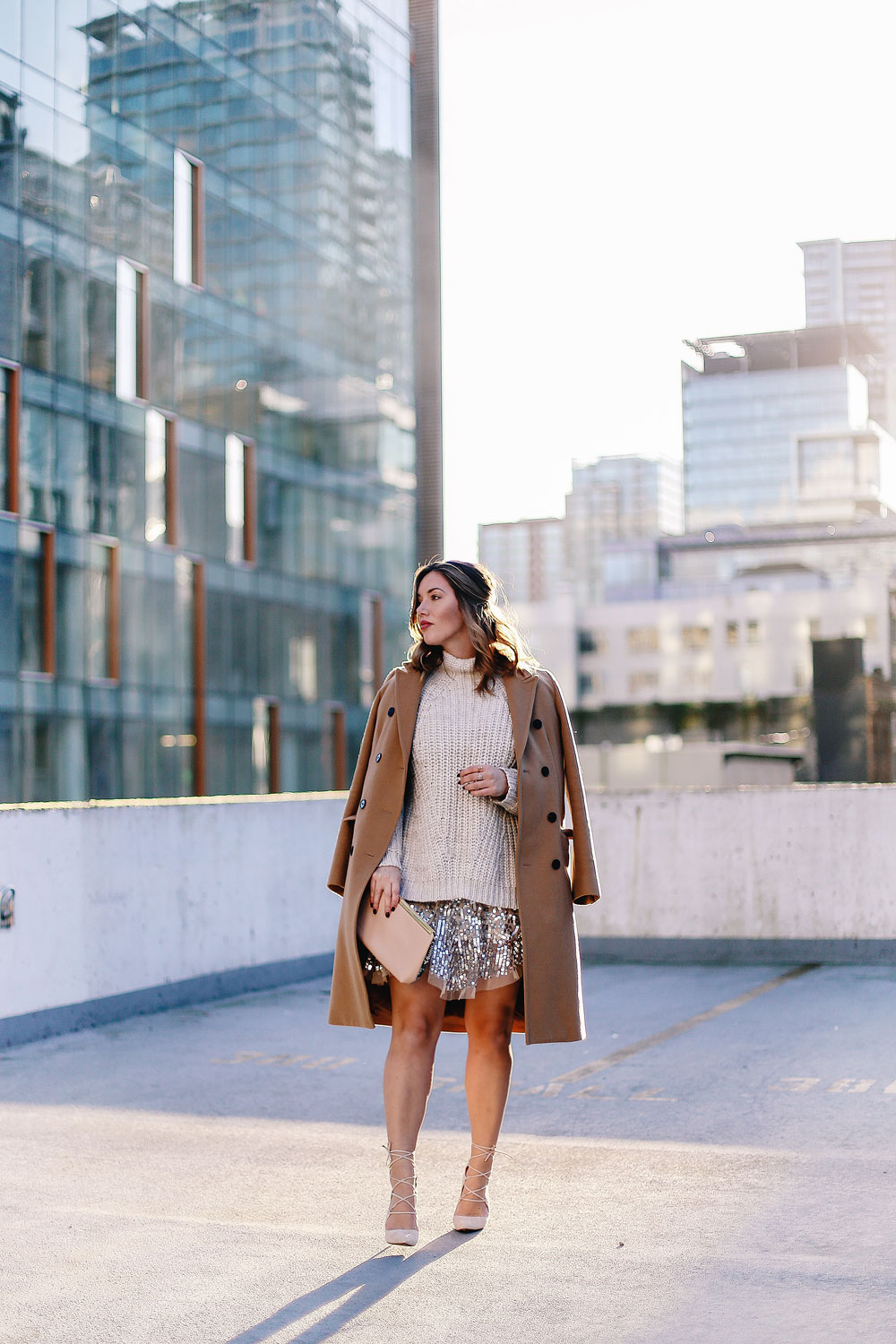 Holiday style tips in a Free People sequin dress, Sanctuary knit sweater, Raye lace up heels, Aritzia camel wool coat and Ted Baker blush clutch styled by To Vogue or Bust