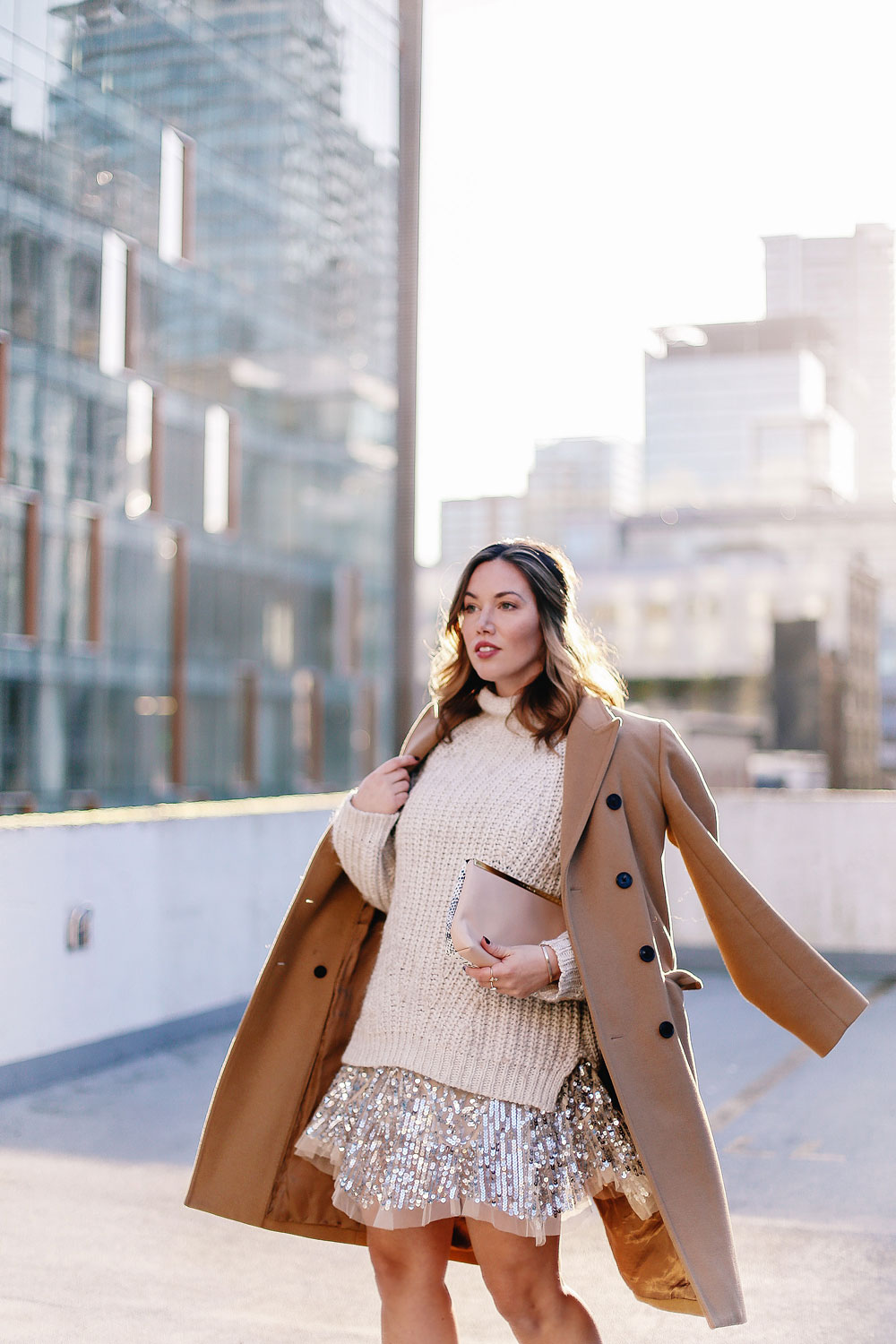 Holiday style tips in a Free People sequin dress, Sanctuary knit sweater, Raye lace up heels, Aritzia camel wool coat and Ted Baker blush clutch styled by To Vogue or Bust