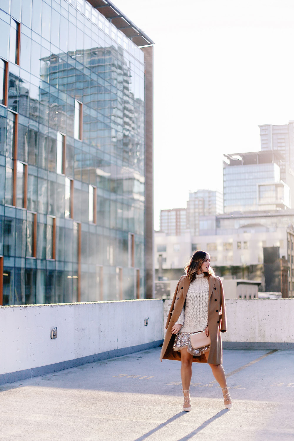 Holiday style tips in a Free People sequin dress, Sanctuary knit sweater, Raye lace up heels, Aritzia camel wool coat and Ted Baker blush clutch styled by To Vogue or Bust