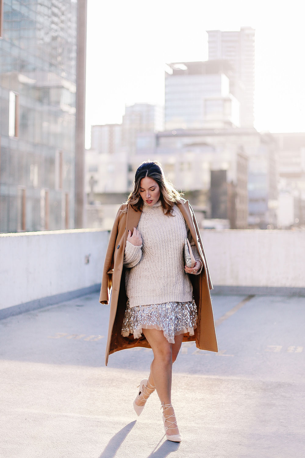 Holiday style tips in a Free People sequin dress, Sanctuary knit sweater, Raye lace up heels, Aritzia camel wool coat and Ted Baker blush clutch styled by To Vogue or Bust