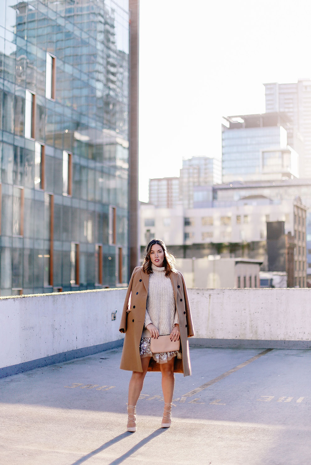 Holiday style tips in a Free People sequin dress, Sanctuary knit sweater, Raye lace up heels, Aritzia camel wool coat and Ted Baker blush clutch styled by To Vogue or Bust