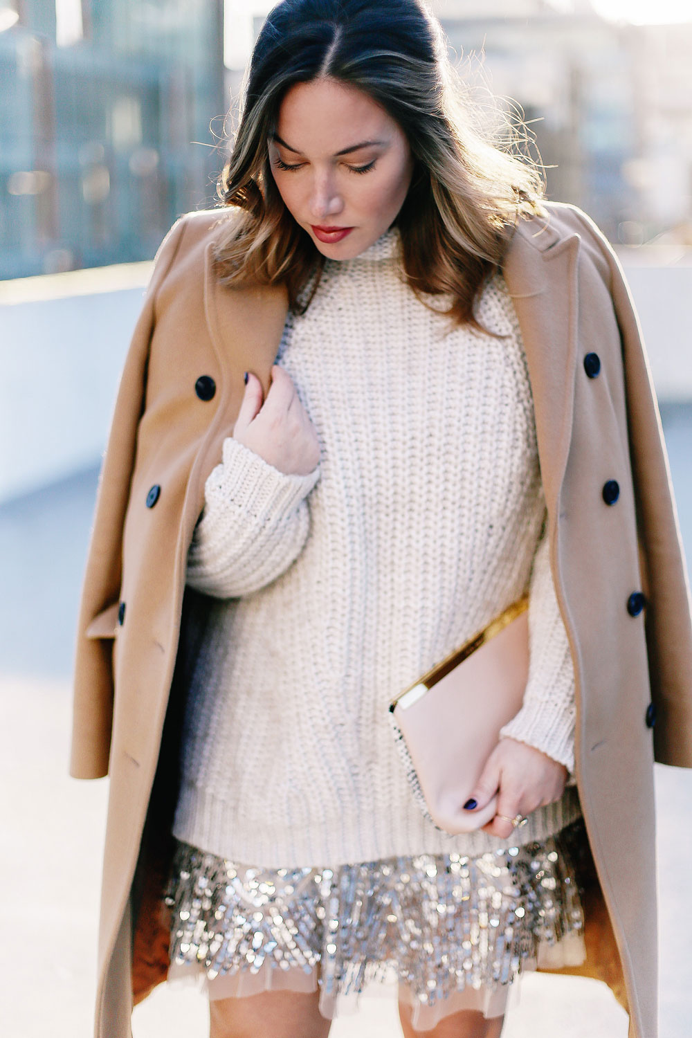 Holiday style tips in a Free People sequin dress, Sanctuary knit sweater, Raye lace up heels, Aritzia camel wool coat and Ted Baker blush clutch styled by To Vogue or Bust