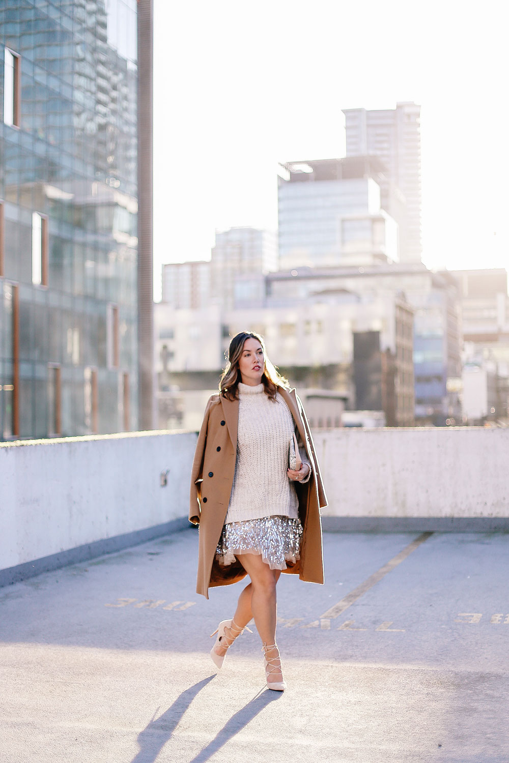 Holiday style tips in a Free People sequin dress, Sanctuary knit sweater, Raye lace up heels, Aritzia camel wool coat and Ted Baker blush clutch styled by To Vogue or Bust