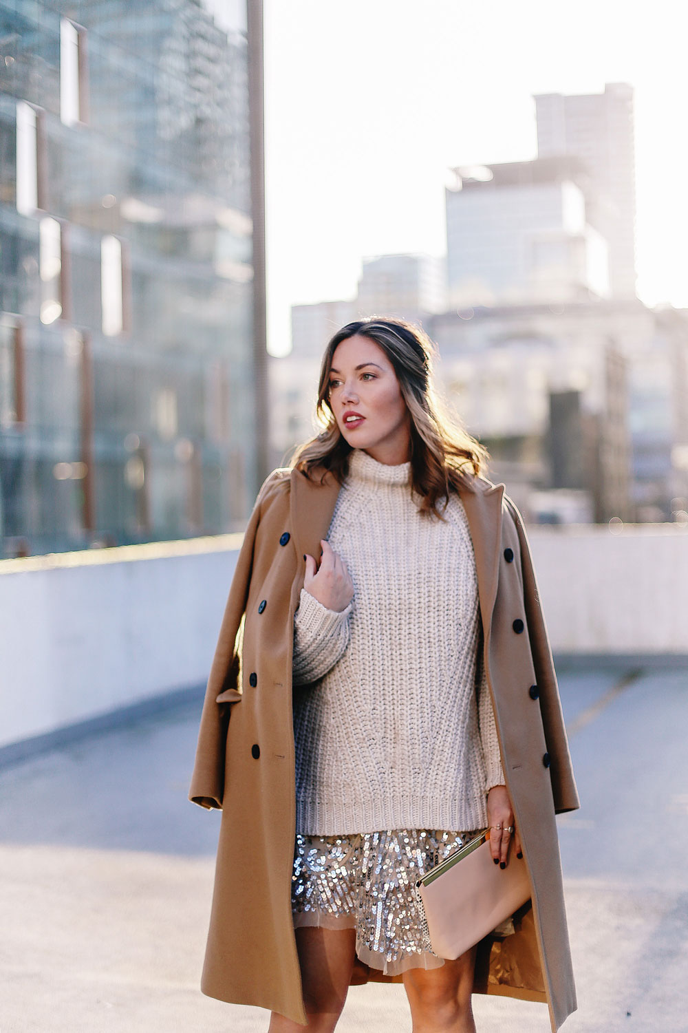 Holiday style tips in a Free People sequin dress, Sanctuary knit sweater, Raye lace up heels, Aritzia camel wool coat and Ted Baker blush clutch styled by To Vogue or Bust