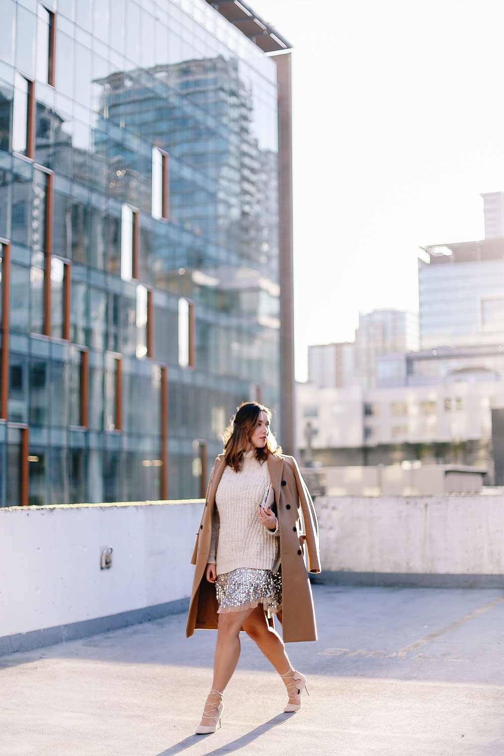 Holiday style tips in a Free People sequin dress, Sanctuary knit sweater, Raye lace up heels, Aritzia camel wool coat and Ted Baker blush clutch styled by To Vogue or Bust