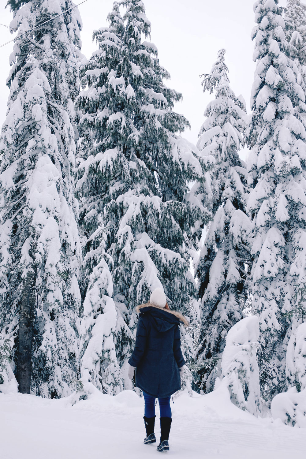 Best winter outfit ideas in the snow in Aritzia Community parka, James jeans skinny jeans, White and Warren cashmere sweater, Aritzia blanket scarf, Hershel beanie, Sorel snow boots styled by To Vogue or Bust at Grouse Mountain, Vancouver