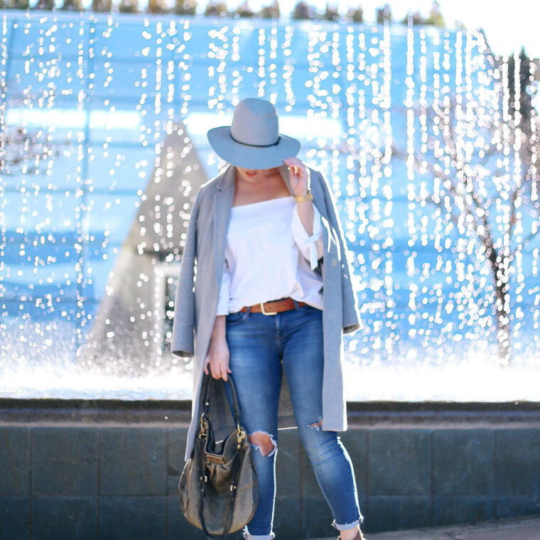 Aritzia off the shoulder white top, Aritzia grey wool coat, Mavi skinny jeans, Marc Jacobs olive green bag, Urban Outfitters suede ankle boots, Aritzia grey wool fedora, Cluse gold mesh watch and Celine sunglasses - how to style off the shoulder tops