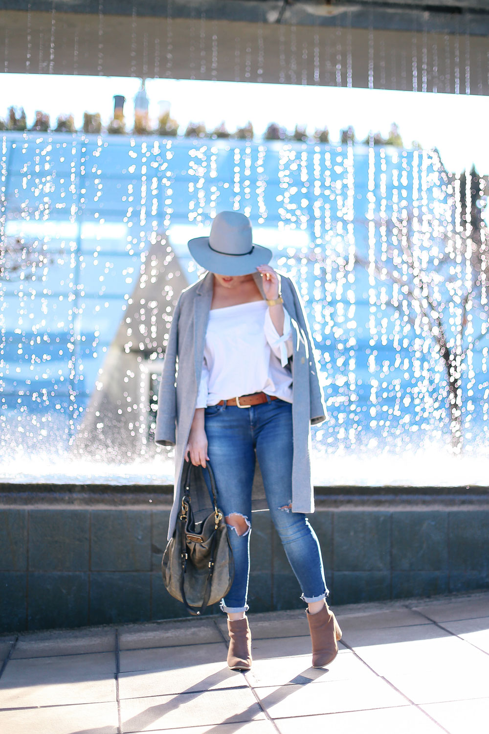 Aritzia off the shoulder white top, Aritzia grey wool coat, Mavi skinny jeans, Marc Jacobs olive green bag, Urban Outfitters suede ankle boots, Aritzia grey wool fedora, Cluse gold mesh watch and Celine sunglasses - how to style off the shoulder tops