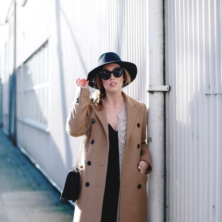 Best winter to spring transition piece in a camel wool coat, leather leggings, leopard cross body bag, statement vest and wool fedora