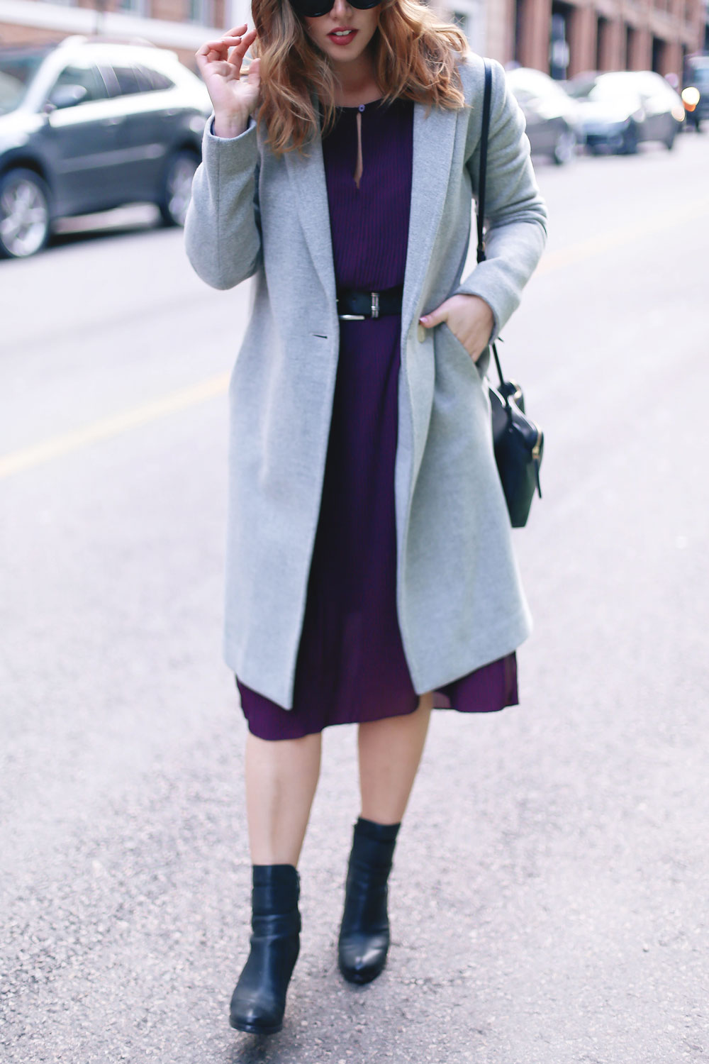 How to transition your style from winter into spring in an Aritzia dress, Aritzia wool coat, Aritzia black leather bag, Frye ankle boots
