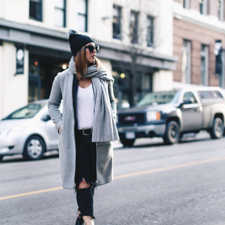 Simple winter outfit idea in Aritzia grey wool coat, White + Warren cashmere coatigan, White + Warren cashmere travel wrap, Express beanie, Frye Chelsea ankle boots, Mavi skinny jeans styled by To Vogue or Bust