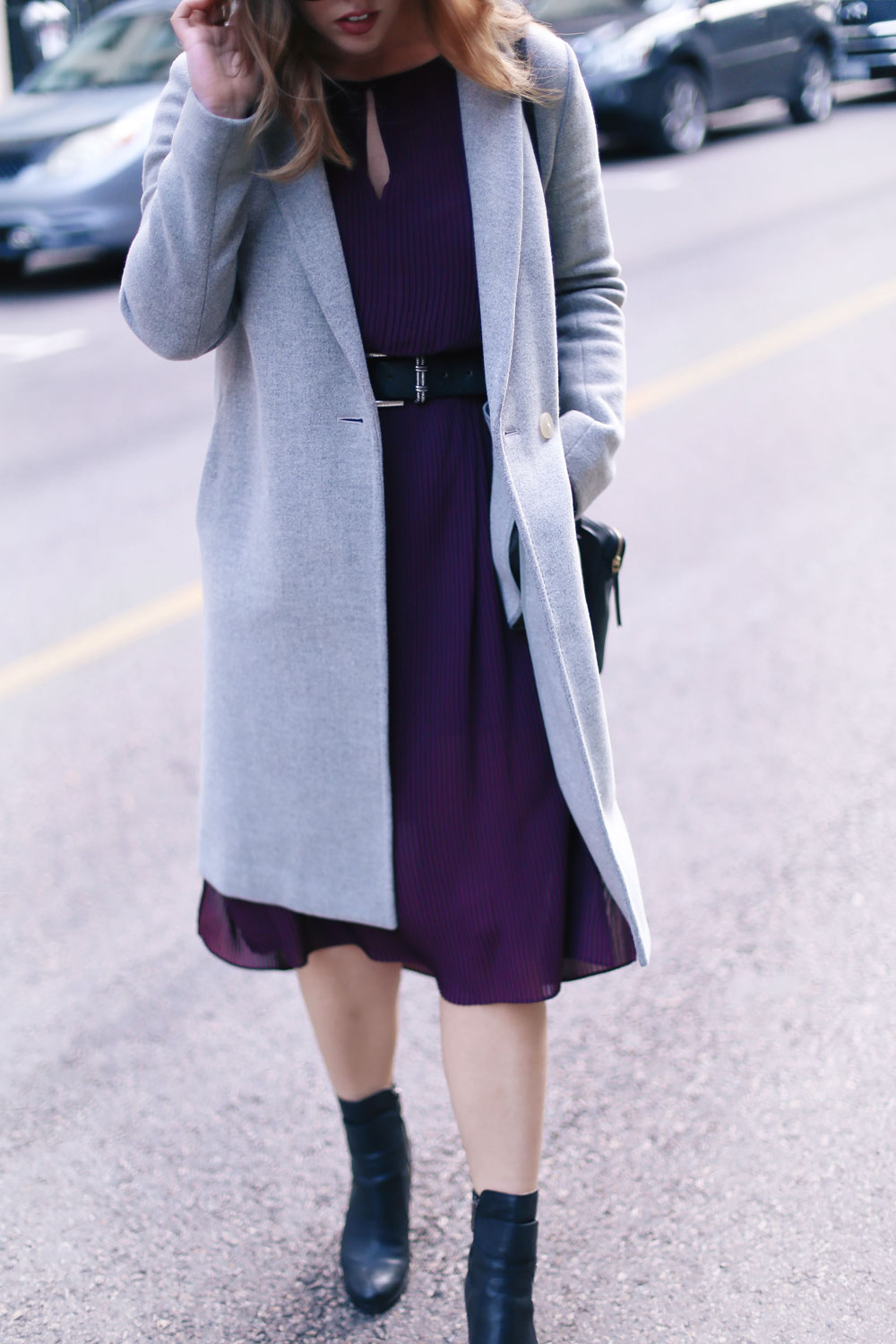 How to transition your style from winter into spring in an Aritzia dress, Aritzia wool coat, Aritzia black leather bag, Frye ankle boots