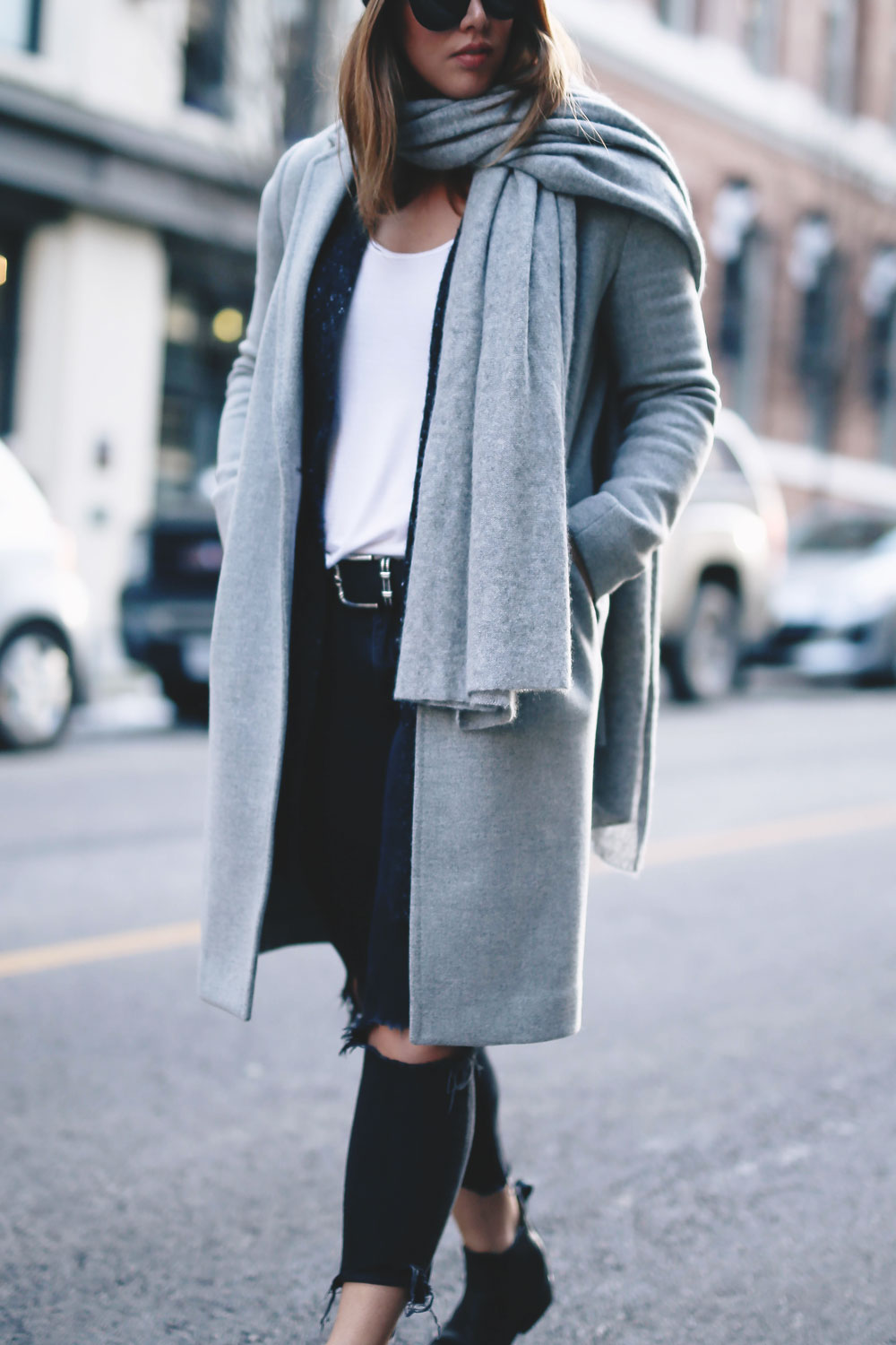 Simple winter outfit idea in Aritzia grey wool coat, White + Warren cashmere coatigan, White + Warren cashmere travel wrap, Express beanie, Frye Chelsea ankle boots, Mavi skinny jeans styled by To Vogue or Bust