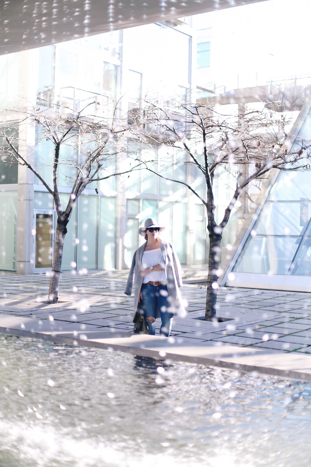 Aritzia off the shoulder white top, Aritzia grey wool coat, Mavi skinny jeans, Marc Jacobs olive green bag, Urban Outfitters suede ankle boots, Aritzia grey wool fedora, Cluse gold mesh watch and Celine sunglasses - how to style off the shoulder tops