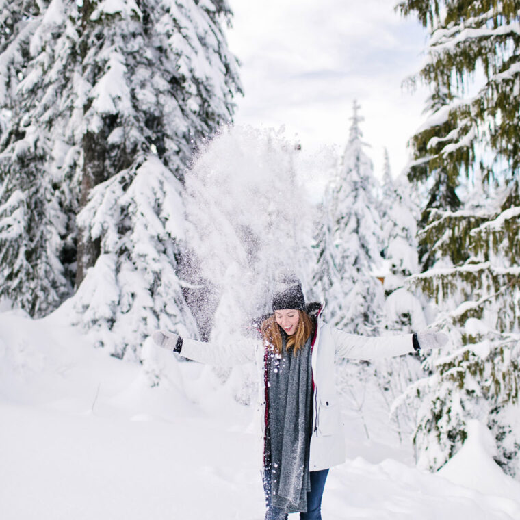 What to wear in the snow in Vancouver, with Noize parka, Express pom pom beanie, Sorel boots, White and Warren cashmere travel wrap and Aritzia mittens styled by To Vogue or Bust