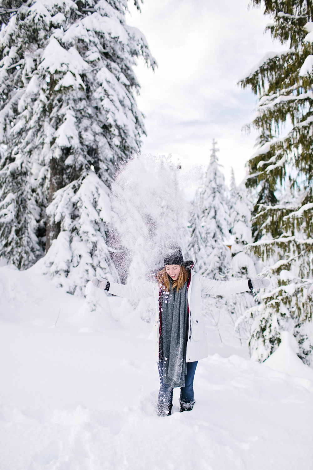 What to wear in the snow in Vancouver, with Noize parka, Express pom pom beanie, Sorel boots, White and Warren cashmere travel wrap and Aritzia mittens styled by To Vogue or Bust