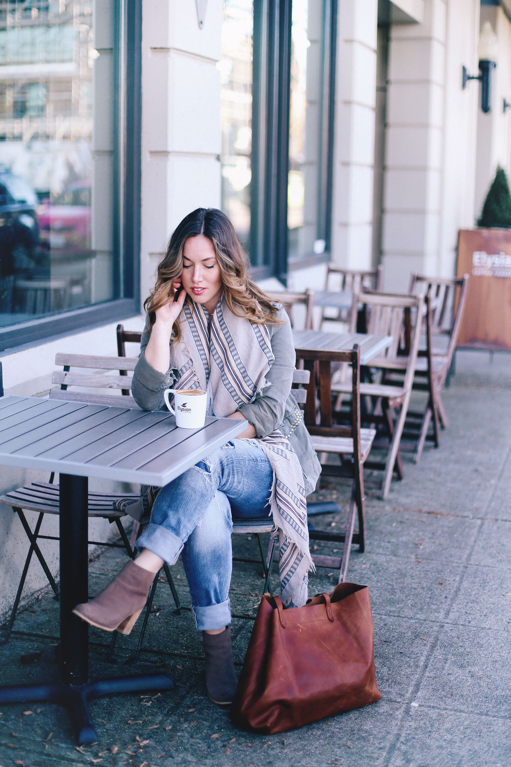 How to style a canvas jacket in Sanctuary canvas coat, Aritzia blanket scarf, Madewell tote, Silver jeans boyfriend jeans styled by To Vogue or Bust