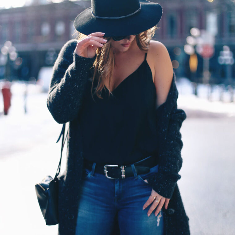 How to wear off the shoulder sweaters in White + Warren cashmere coatigan, Mavi skinny jeans, La Canadienne boots, Aritzia camisole, Express fedora, Leah Alexandra jewelry styled by To Vogue or Bust