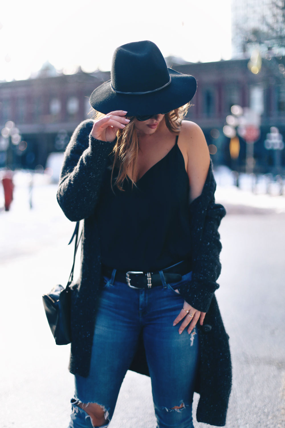 How to wear off the shoulder sweaters in White + Warren cashmere coatigan, Mavi skinny jeans, La Canadienne boots, Aritzia camisole, Express fedora, Leah Alexandra jewelry styled by To Vogue or Bust