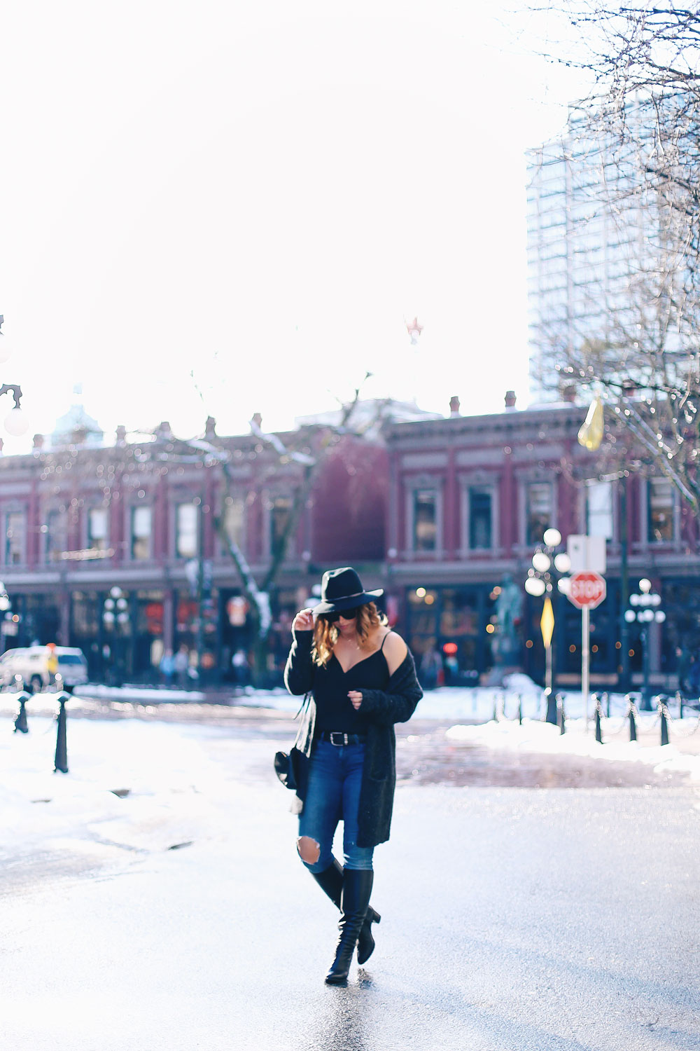 How to wear off the shoulder sweaters in White + Warren cashmere coatigan, Mavi skinny jeans, La Canadienne boots, Aritzia camisole, Express fedora, Leah Alexandra jewelry styled by To Vogue or Bust