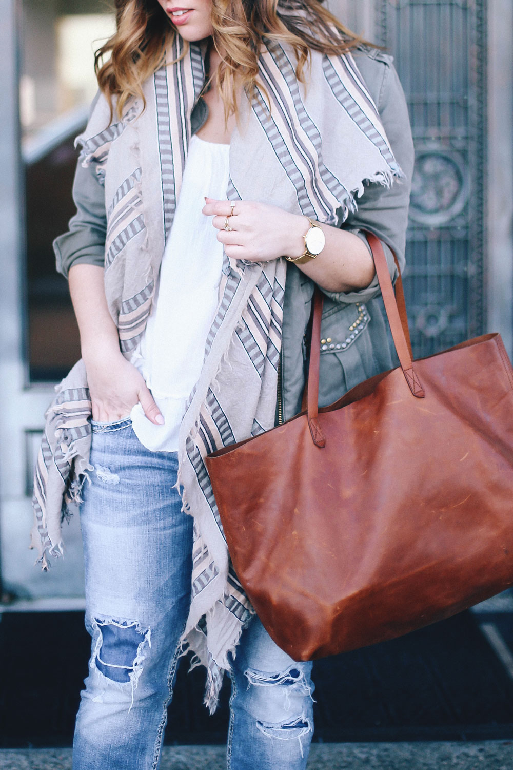 How to style a canvas jacket in Sanctuary canvas coat, Aritzia blanket scarf, Madewell tote, Silver jeans boyfriend jeans styled by To Vogue or Bust