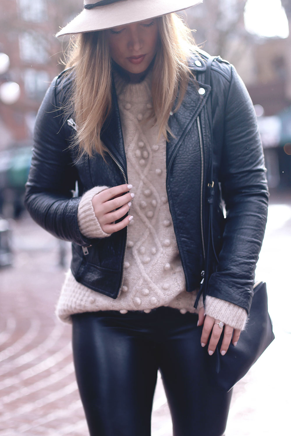 Rainy day outfits ideas in Roma boots, Mackage leather jacket, Express fedora, Aritzia sweater, Aritzia leather leggings styled by To Vogue or Bust 
