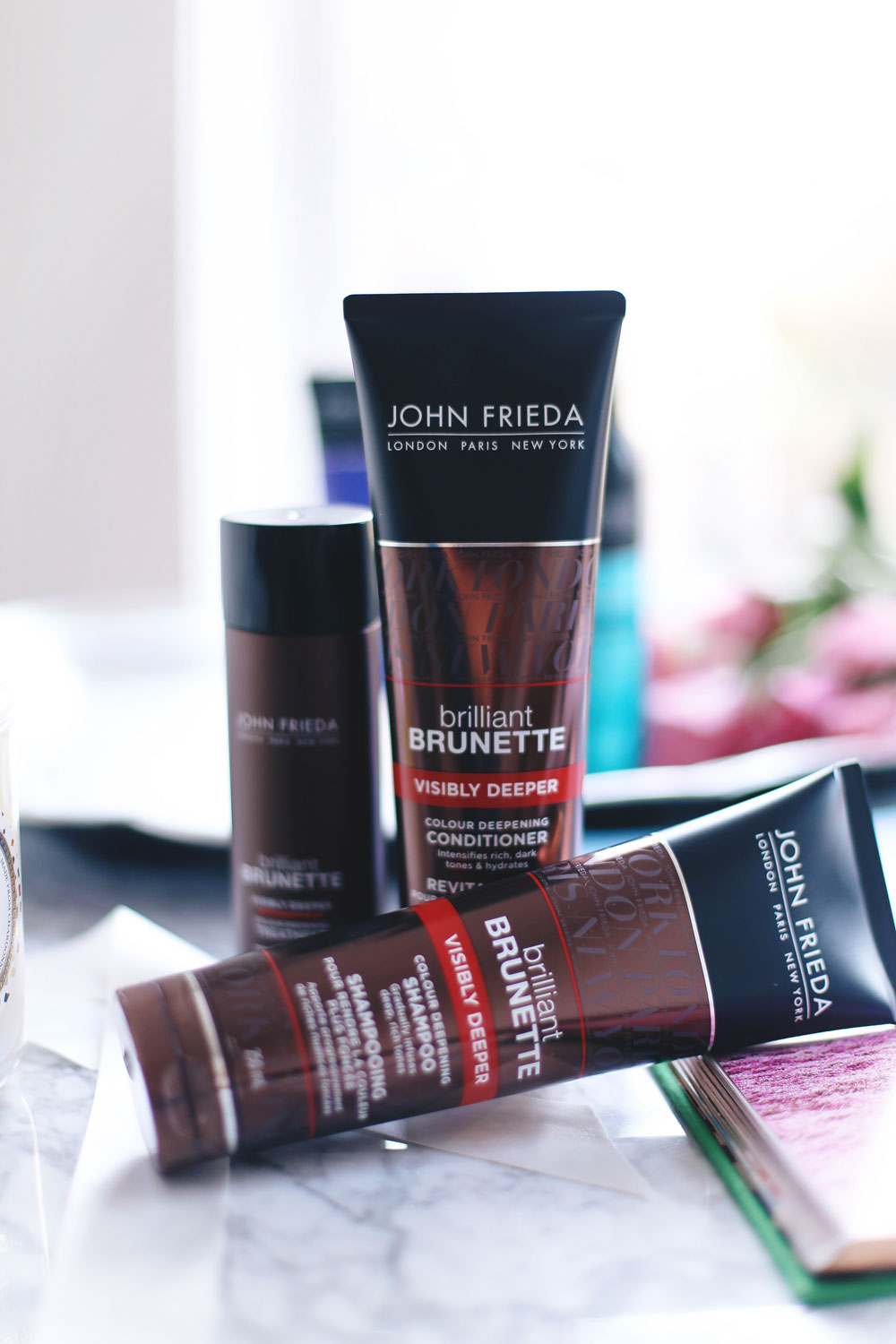 Second day hair styles using John Frieda products, including Luxurious Volume line, Brilliant Brunette Visibly Deeper Collection, Colour Deepening Treatment styled by To Vogue or Bust