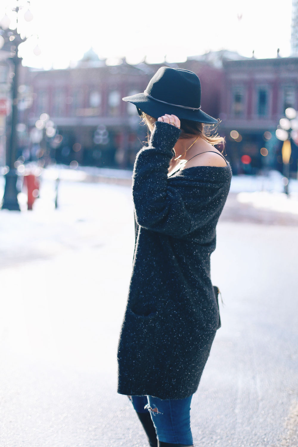 How to wear off the shoulder sweaters in White + Warren cashmere coatigan, Mavi skinny jeans, La Canadienne boots, Aritzia camisole, Express fedora, Leah Alexandra jewelry styled by To Vogue or Bust