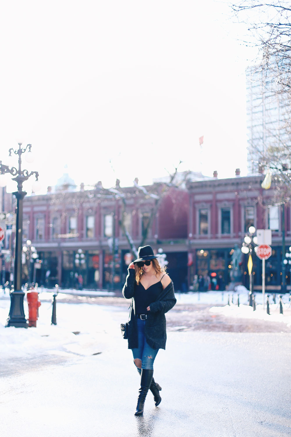 How to wear off the shoulder sweaters in White + Warren cashmere coatigan, Mavi skinny jeans, La Canadienne boots, Aritzia camisole, Express fedora, Leah Alexandra jewelry styled by To Vogue or Bust