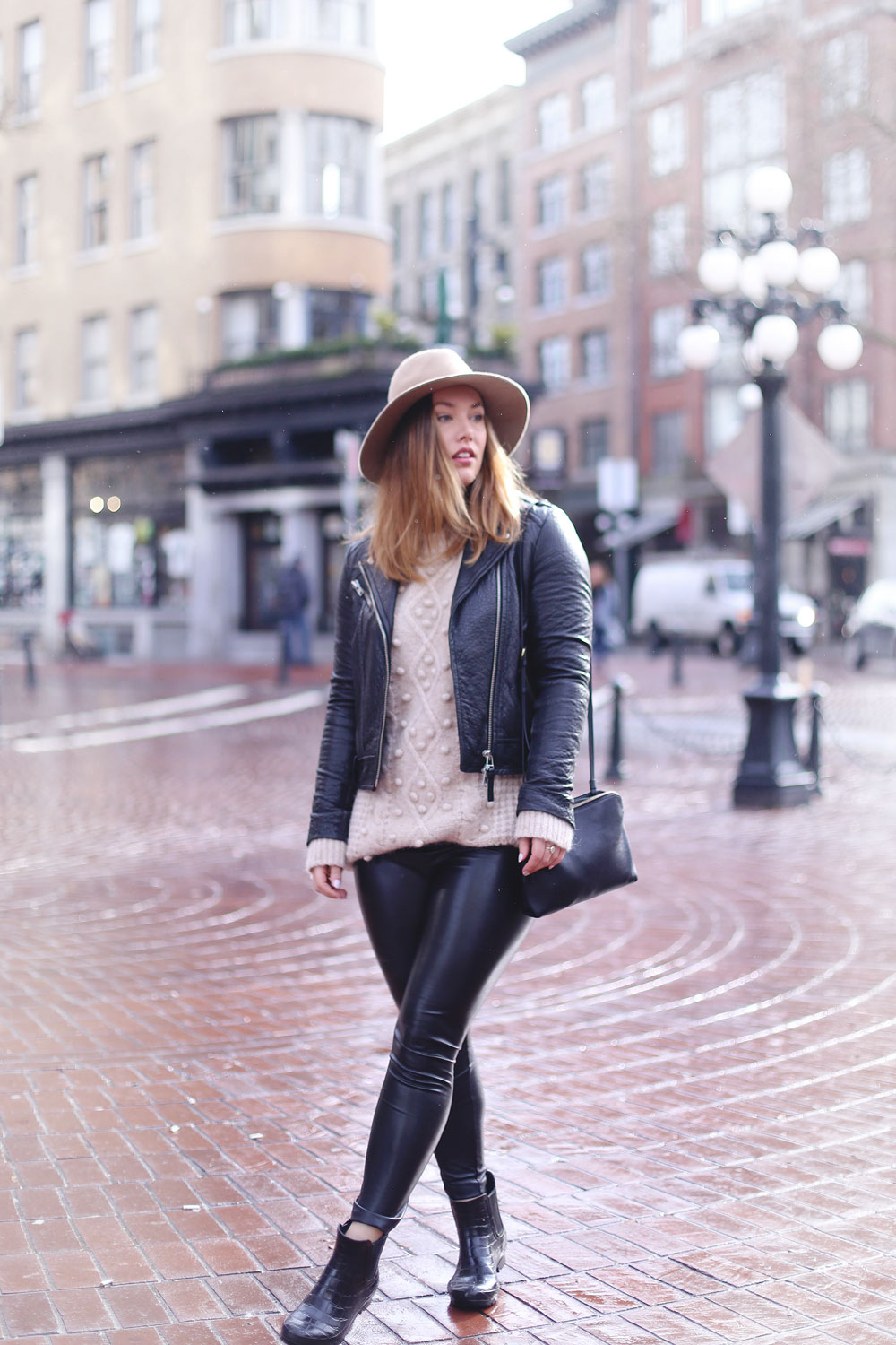Rainy day outfits ideas in Roma boots, Mackage leather jacket, Express fedora, Aritzia sweater, Aritzia leather leggings styled by To Vogue or Bust 