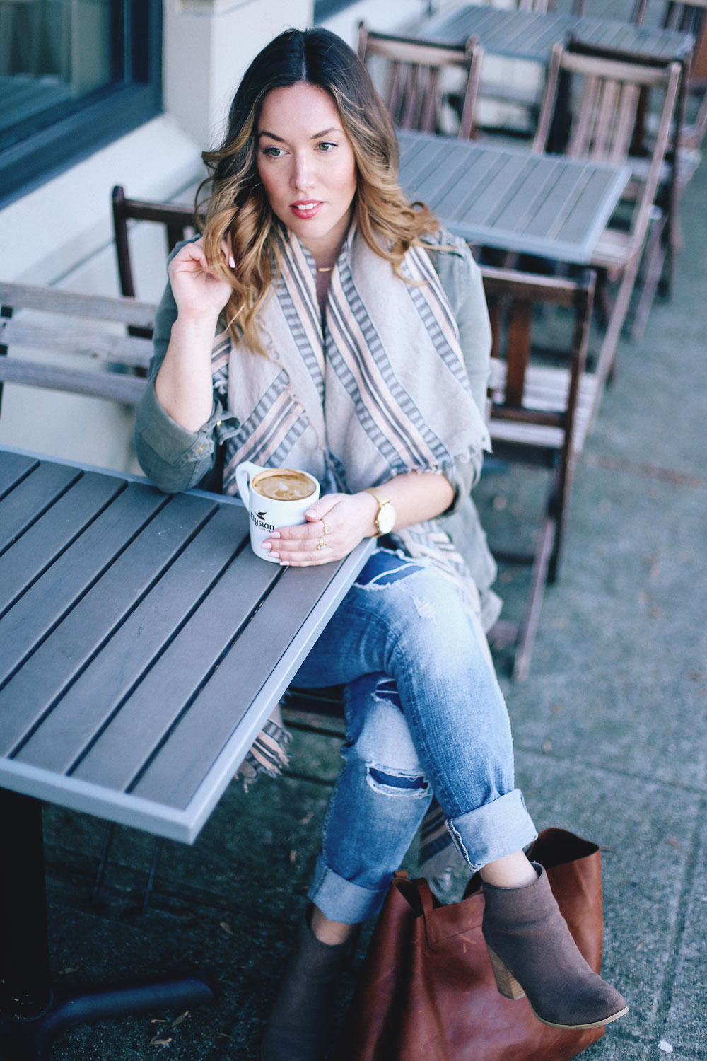 How to style a canvas jacket in Sanctuary canvas coat, Aritzia blanket scarf, Madewell tote, Silver jeans boyfriend jeans styled by To Vogue or Bust