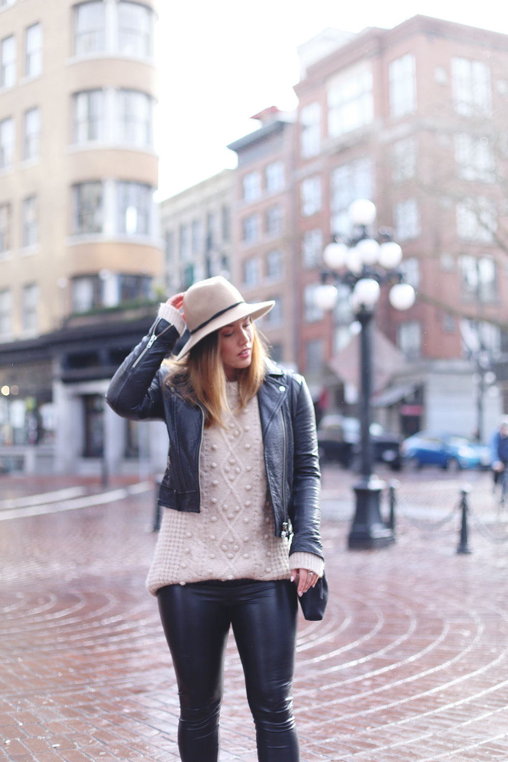 Rainy day outfits ideas in Roma boots, Mackage leather jacket, Express fedora, Aritzia sweater, Aritzia leather leggings styled by To Vogue or Bust 