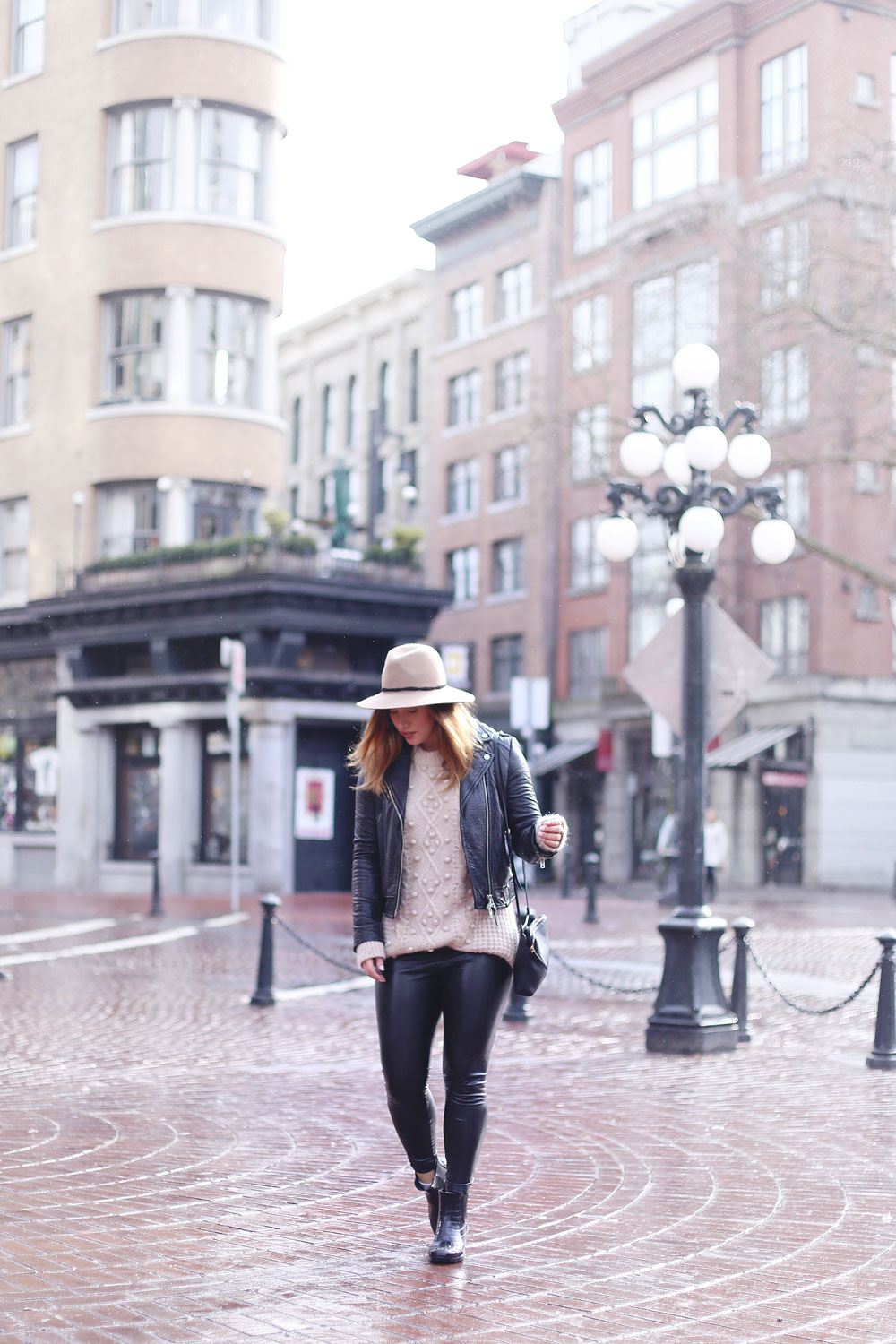 Rainy day outfits ideas in Roma boots, Mackage leather jacket, Express fedora, Aritzia sweater, Aritzia leather leggings styled by To Vogue or Bust 