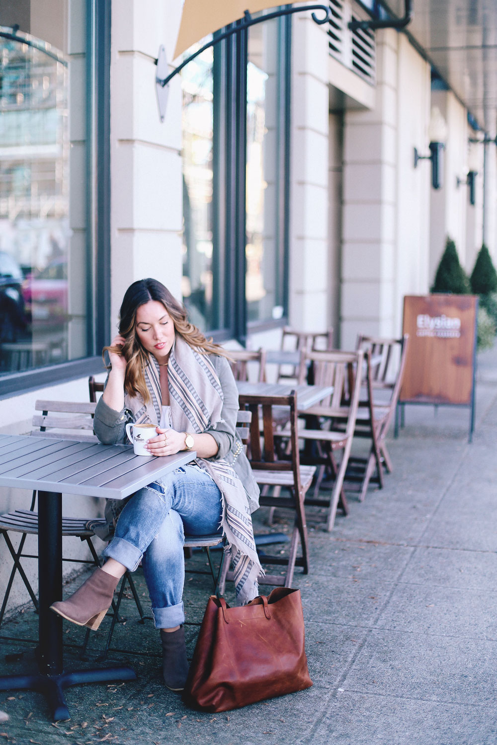 How to style a canvas jacket in Sanctuary canvas coat, Aritzia blanket scarf, Madewell tote, Silver jeans boyfriend jeans styled by To Vogue or Bust