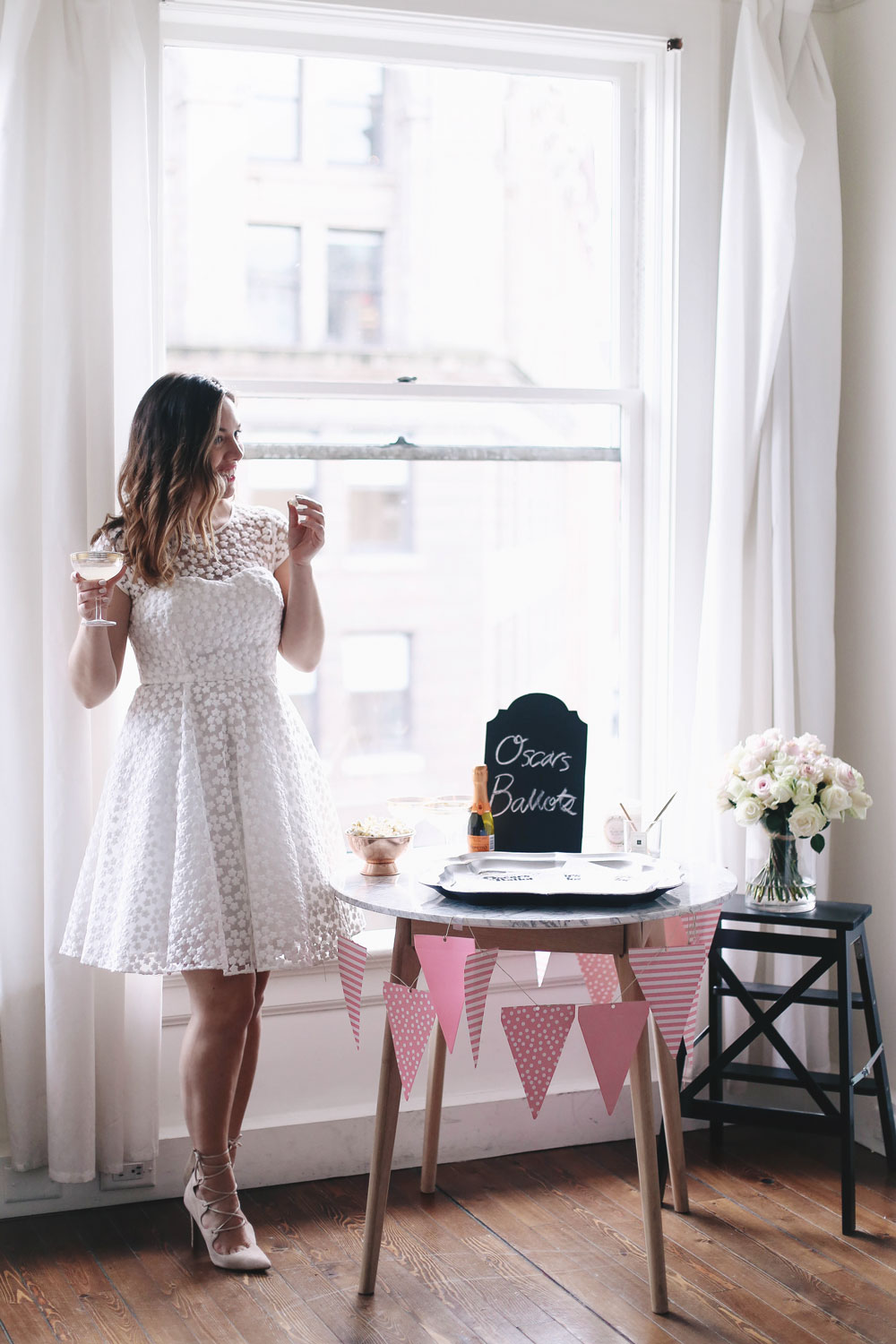 Tips for hosting an oscar party in Ted Baker dress, Revolve Raye shoes styled by To Vogue or Bust