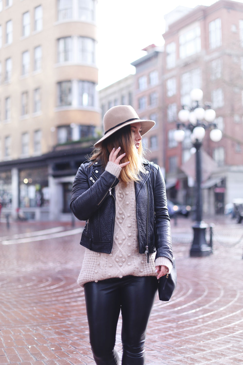 Rainy day outfits ideas in Roma boots, Mackage leather jacket, Express fedora, Aritzia sweater, Aritzia leather leggings styled by To Vogue or Bust 