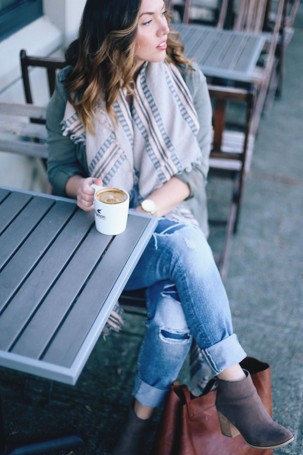 How to style a canvas jacket in Sanctuary canvas coat, Aritzia blanket scarf, Madewell tote, Silver jeans boyfriend jeans styled by To Vogue or Bust