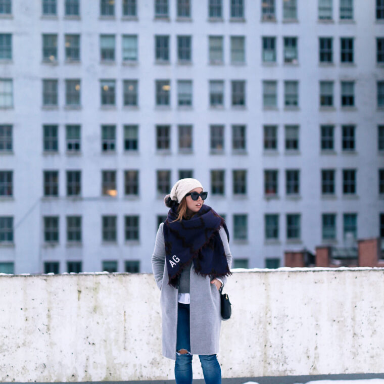 Cute outfit ideas in the snow - Aritzia blanket scarf, Aritzia grey wool coat, Tilley beanie, Mavi skinny jeans, Urban Outfitters ankle boots, Celine Caty sunglasses, layered oxford shirt