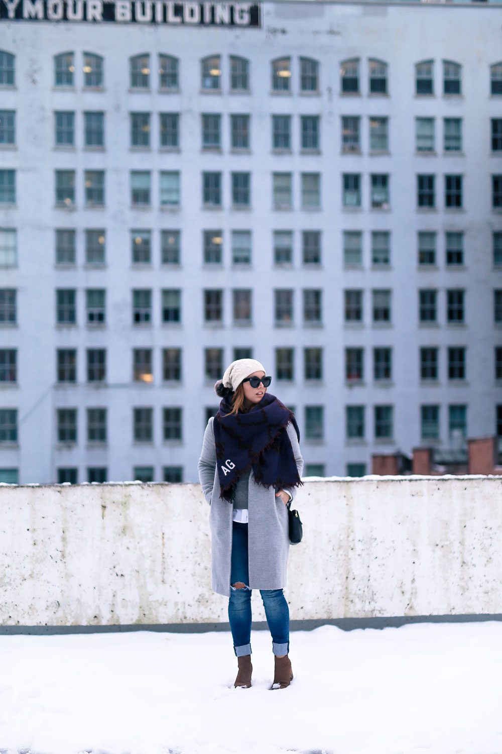 Cute outfit ideas in the snow - Aritzia blanket scarf, Aritzia grey wool coat, Tilley beanie, Mavi skinny jeans, Urban Outfitters ankle boots, Celine Caty sunglasses, layered oxford shirt