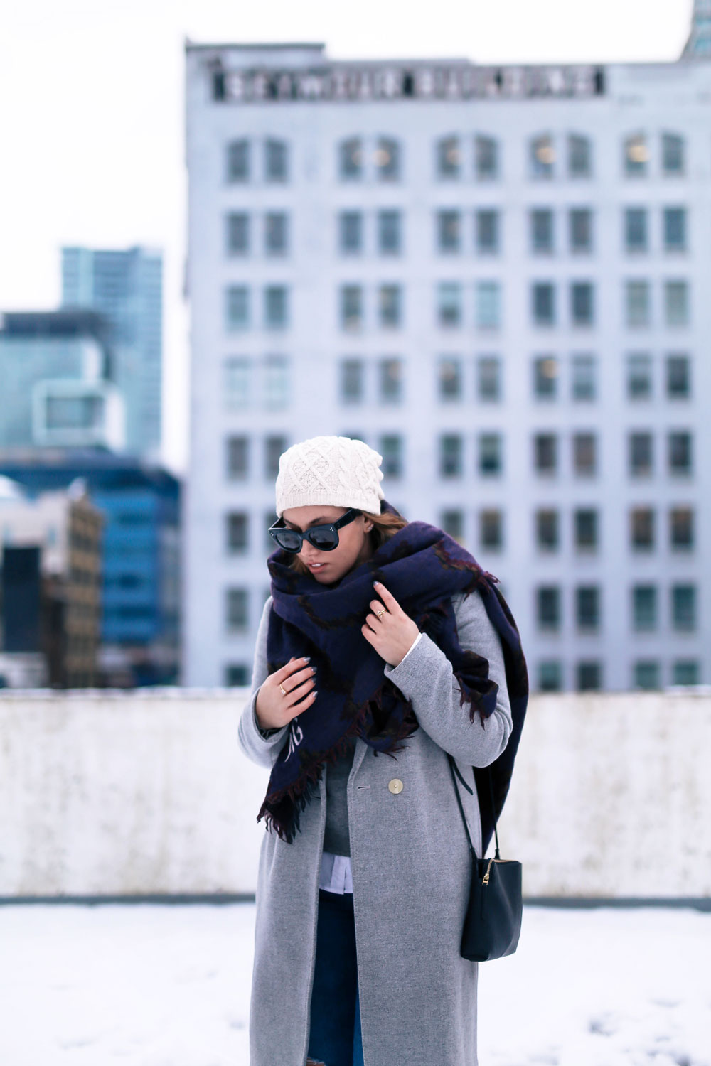 Cute outfit ideas in the snow - Aritzia blanket scarf, Aritzia grey wool coat, Tilley beanie, Mavi skinny jeans, Urban Outfitters ankle boots, Celine Caty sunglasses, layered oxford shirt